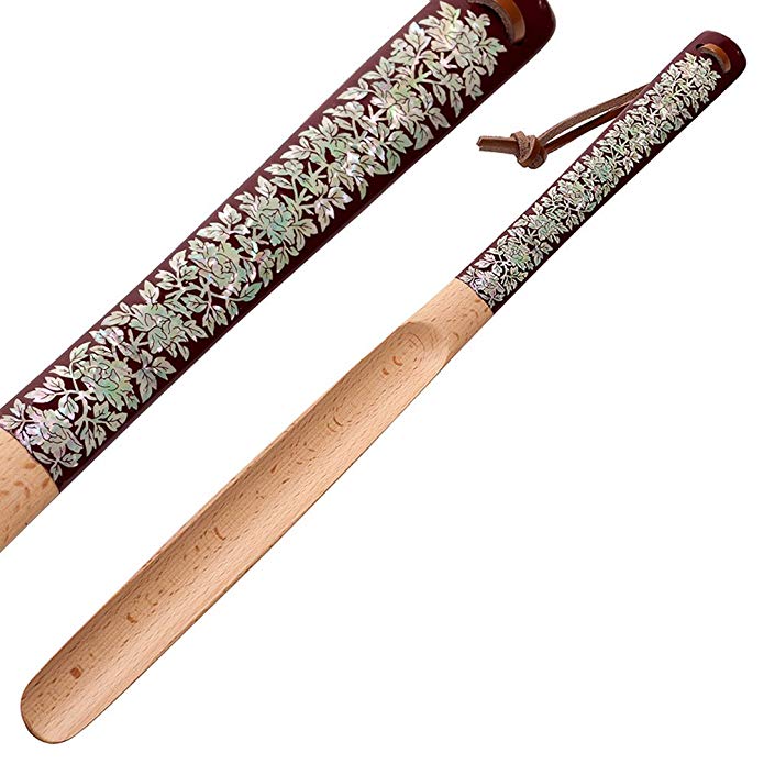 Mother of Pearl Inlay Art Peony Flower Design 20 Inch Long Wooden Red Handled Shoe Horn Shoehorn with Leather String for Hanging