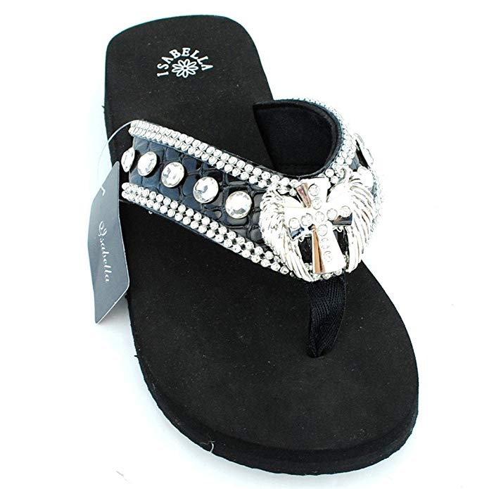 Western Rhinestone Bling Angel Wing Cross Flip Flops, Women's Sandals