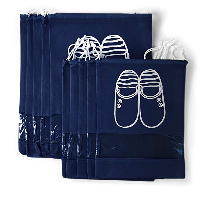 Yoonsic 10 Pcs Non-woven Drawstring Shoe Travel/Storage Bag with Clear View Window for Trip and luggage/seasonal Packing-with bonus self-sealing bag (navy)